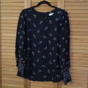 Loft Black Floral Print Balloon Sleeves Uneckline Sheer Tunic Size Medium